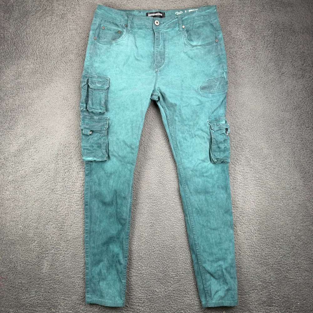 Serenede Mens Fitted Cargo Pants Size 36x33 Teal Acid Wash Utility Streetwear